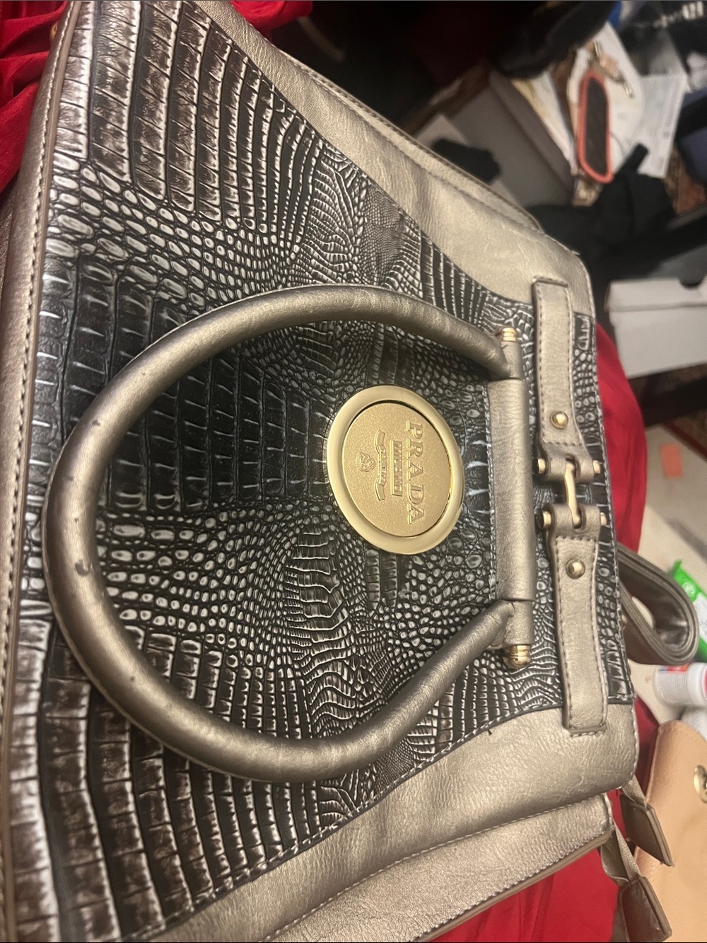Prada Metallic Black Croc-Embossed Satchel with Gold Medallion